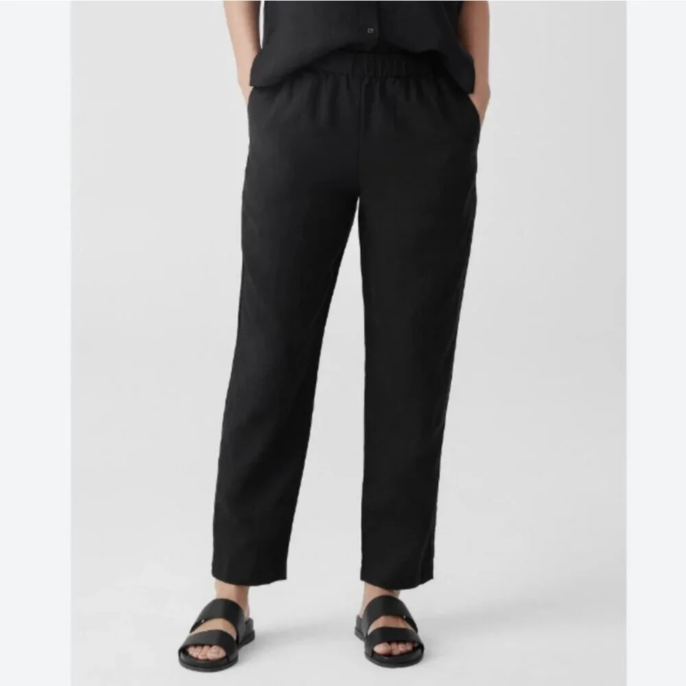 Eileen Fisher Black Lyocell Organic Linen Tapered High Waist Pull-on Pants XS - Picture 9 of 9